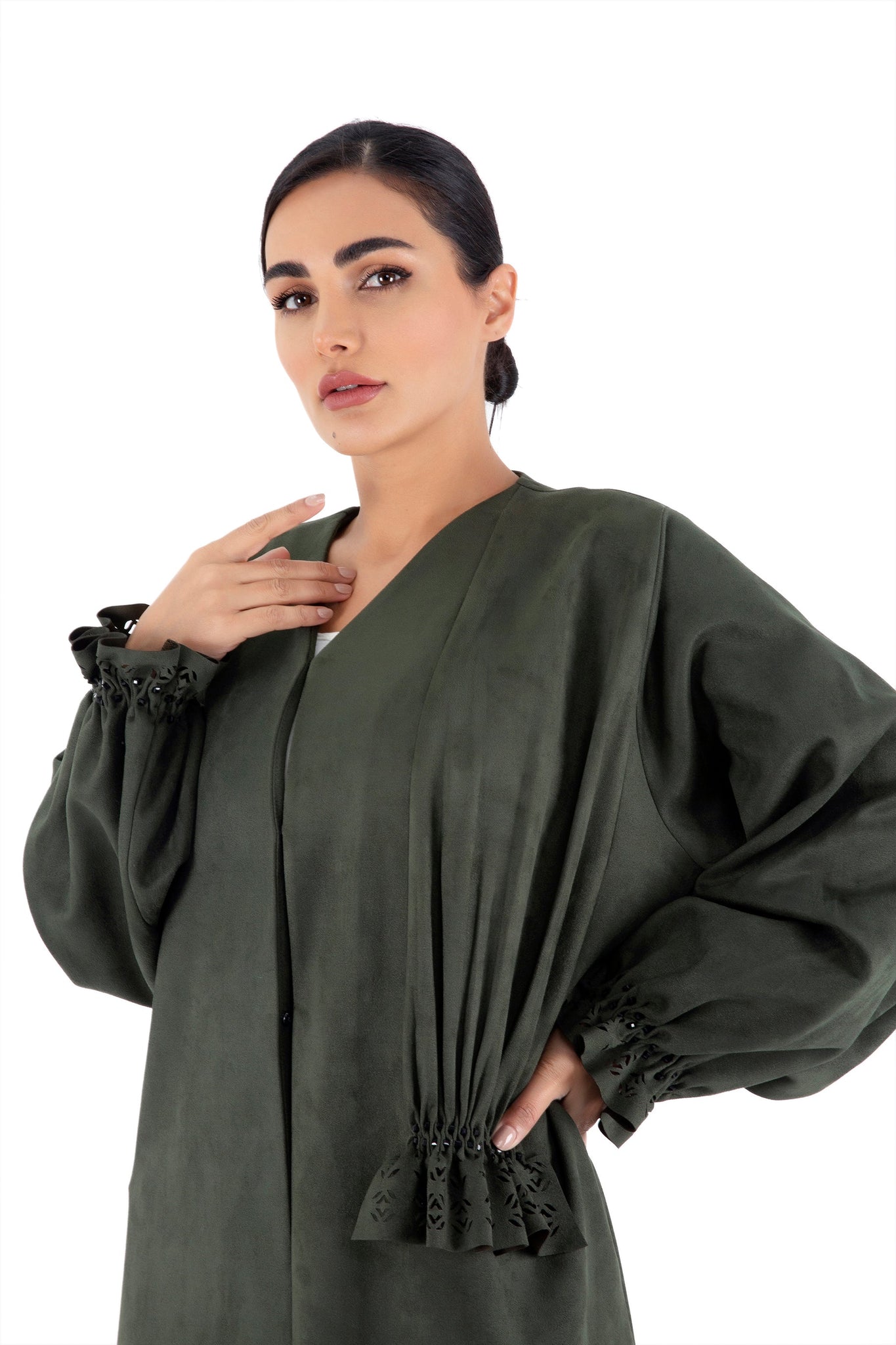 Hanayen Elegant Modern Suede Abaya with laser cut and handwork details