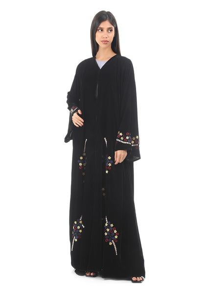 Hanayen Floral Embroidered Velvet Abaya Black