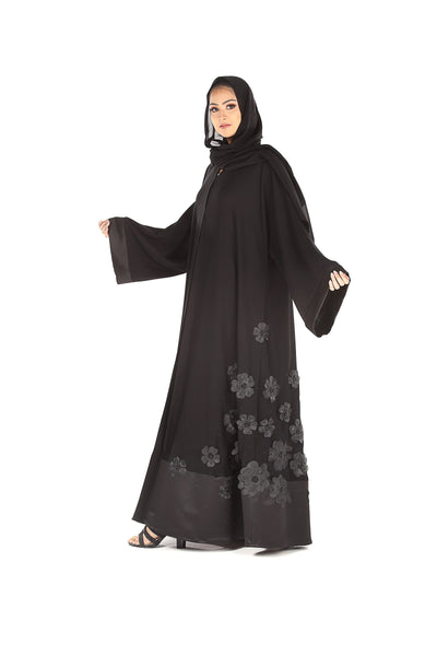 Hanayen Handmade Black Abaya With Floral Detail
