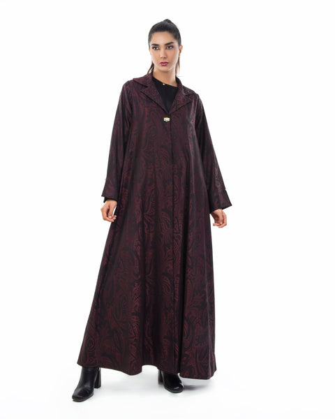 Hanayen Maroon Jacket Abaya Design With Lapel Crystal