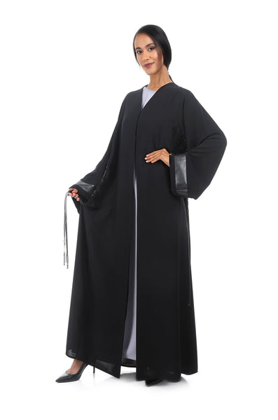 Hanayen Modern Abaya with Interwoven Leather Panel Highlighted with Crystal Elements