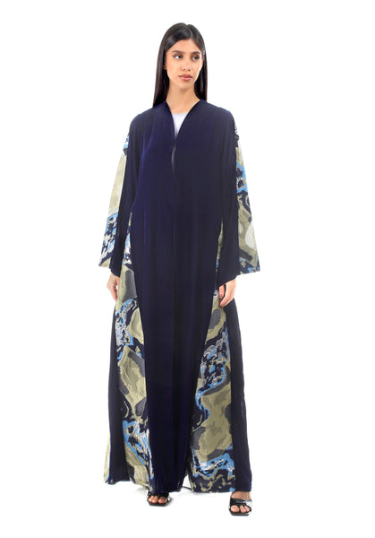 Hanayen Navy Blue Velvet Abaya Embellished in Organza