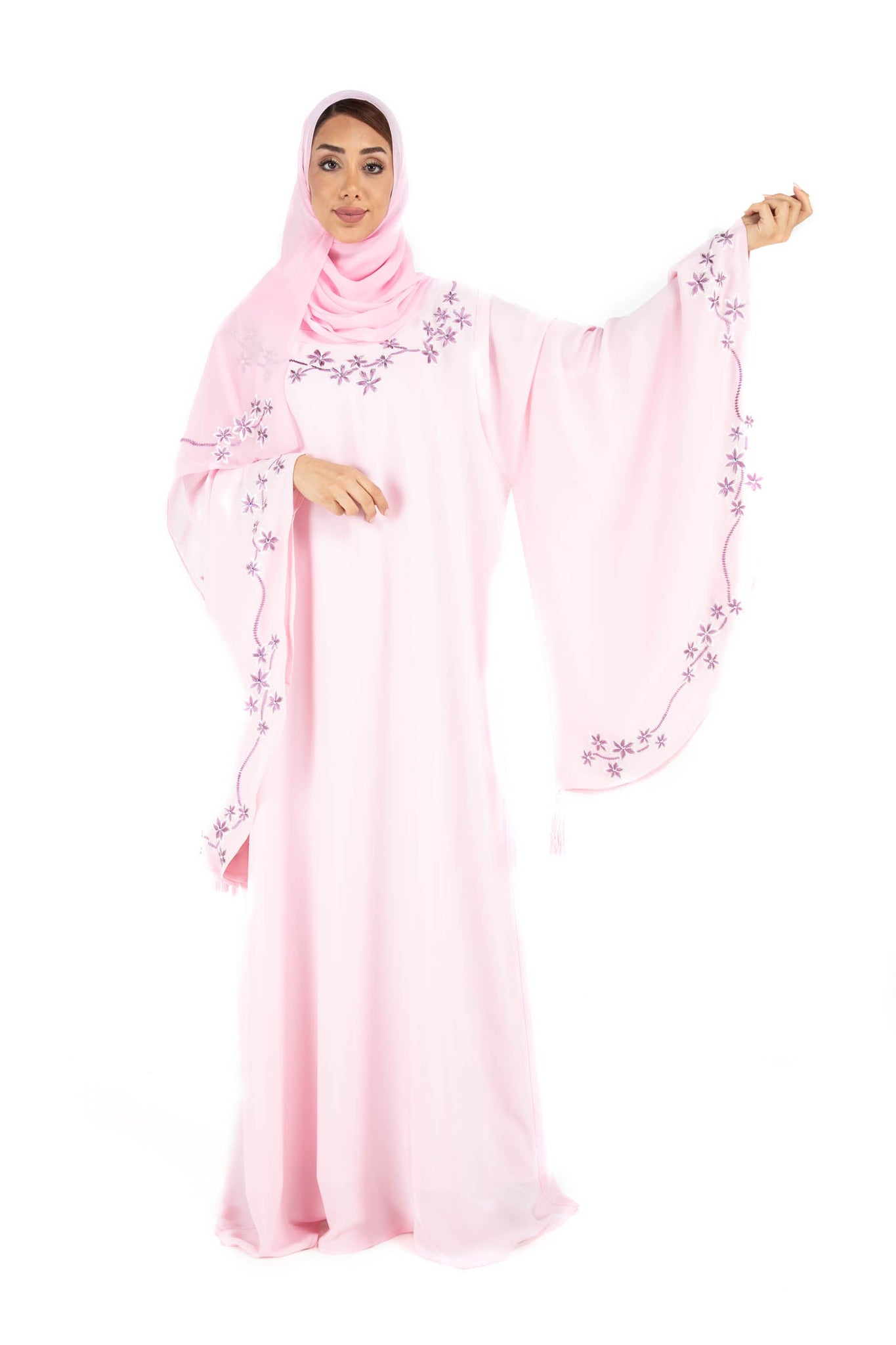 Hanayen Pink Abaya wide sleeves with Embroidery