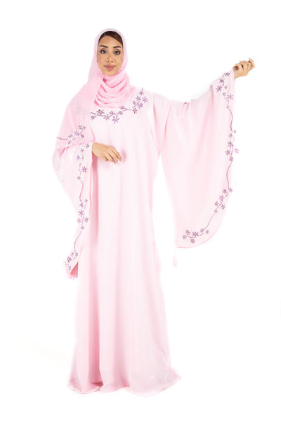 Hanayen Pink Abaya wide sleeves with Embroidery