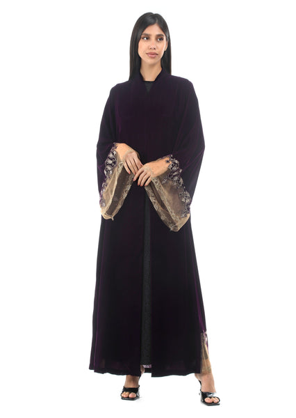 Hanayen Purple Velvet Abaya With Crystalized Design Lace