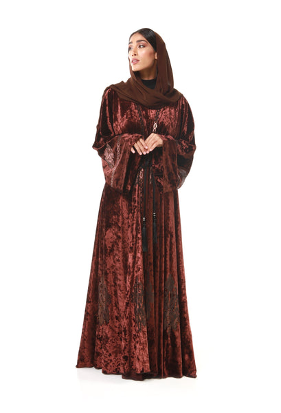 Hanayen Brown Velvet Belted Abaya