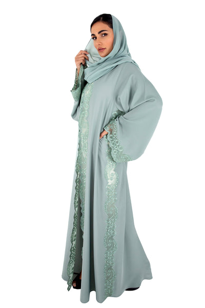 Hanayen Classic Colored Abaya patched with intricate Machine embroidery lace