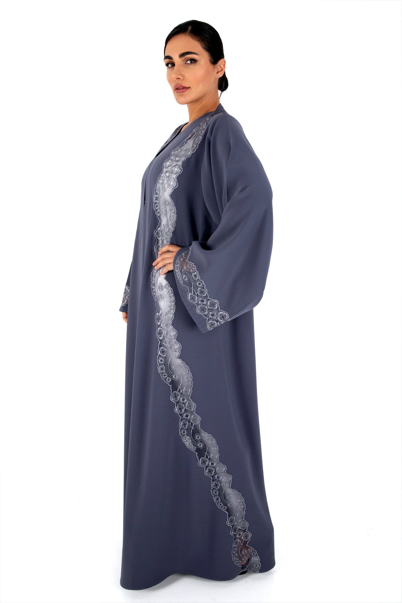 Hanayen Classic Colored Abaya patched with intricate Machine embroidery lace and no side seam