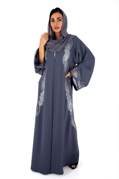 Hanayen Classic Colored Abaya patched with intricate Machine embroidery lace and no side seam