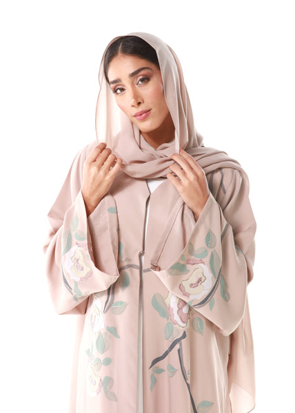 Hanayen Colour Abaya With Floral Patch Design Detailed With Crystal Elements