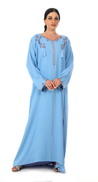 Hanayen Aqua Blue Arabic Jalabiya With Intricate Crystal Design