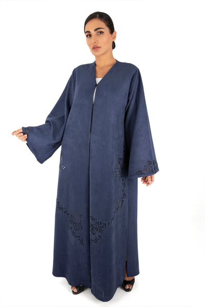 Hanayen Elegant Suede Abaya with intricate laser cut details highlighted with Crystal elements