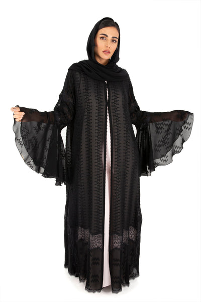 Hanayen Exquisite textured Chiffon Abaya with exclusive French dentelle embellished with Crystal elements