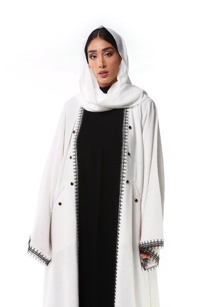 Hanayen Modern  colored Abaya with pocket and intricate lace detail on front and sleeves