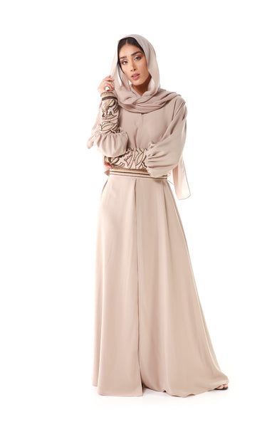 Hanayen Modern cut abaya with intricate embroidery and hand embroidery touch on cuff and belt
