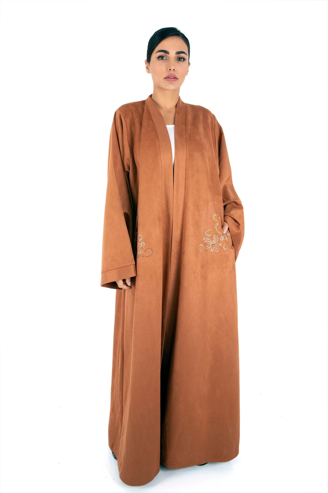 Hanayen Modern Suede Abaya with pocket detail Crystal Elements