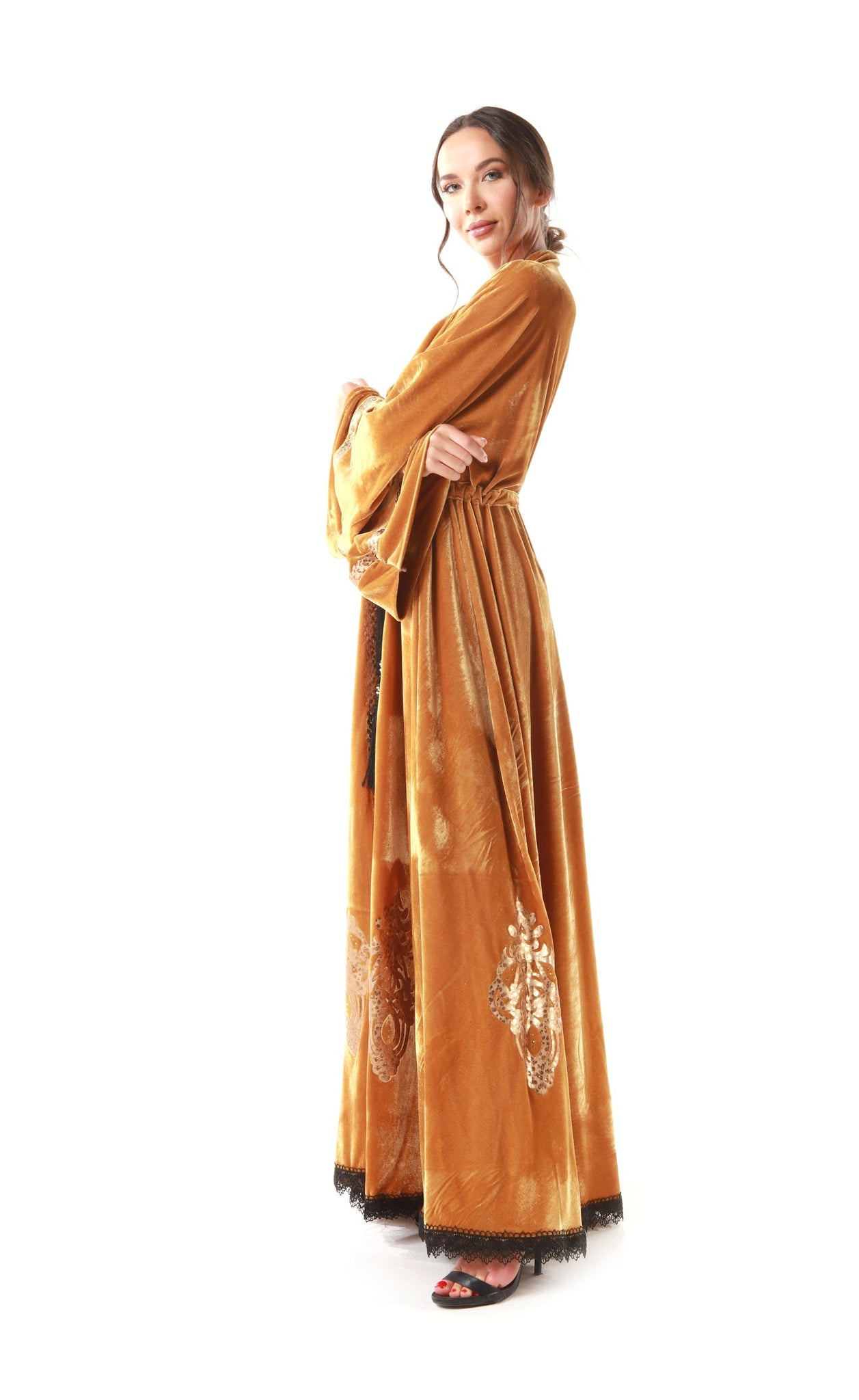 Hanayen Ocre Color Velvet Abaya with Belt