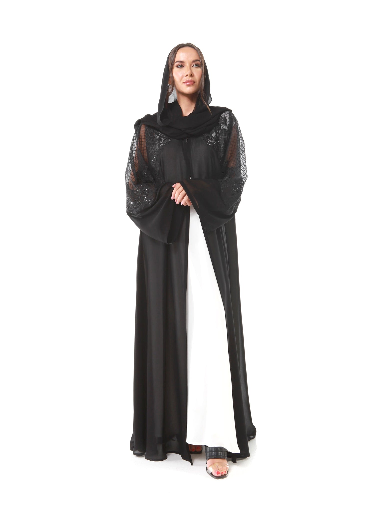 Hanayen Wedding Chiffon Abaya with French lace and detailed tulle embroidery highlighted by Crystals