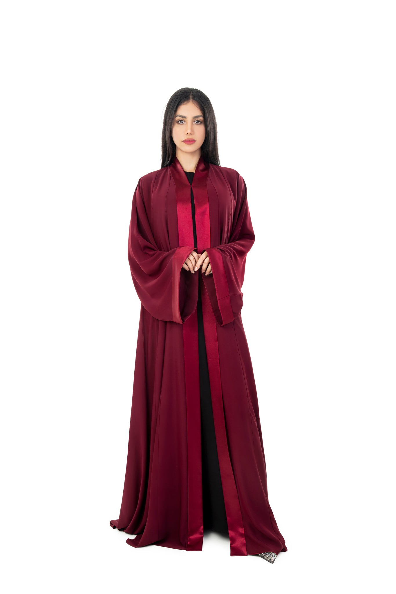 Hanayen Maroon Satin Lapel Abaya