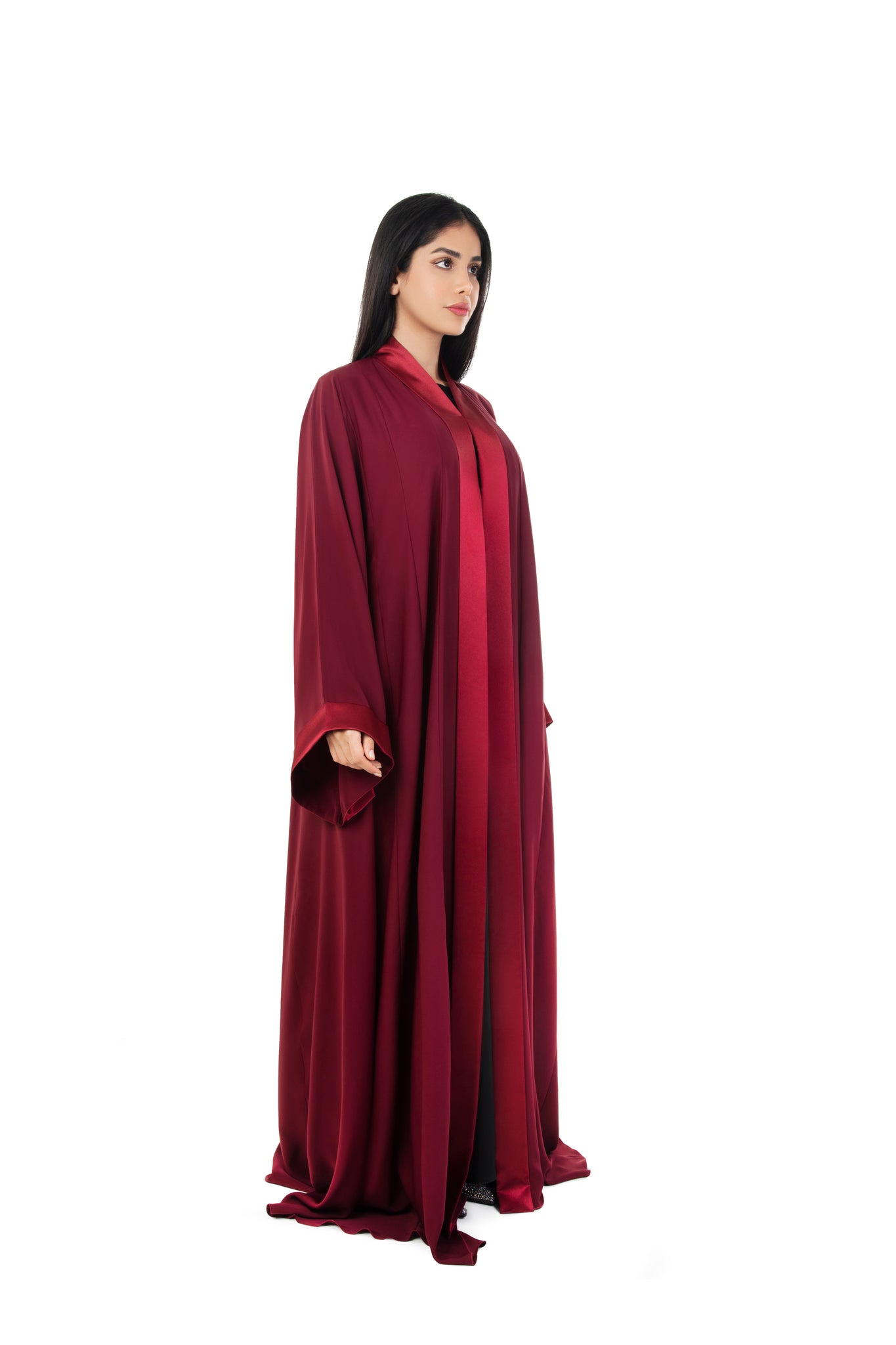 Hanayen Maroon Satin Lapel Abaya