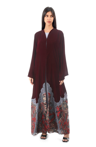 Hanayen Maroon Velvet Abaya Design