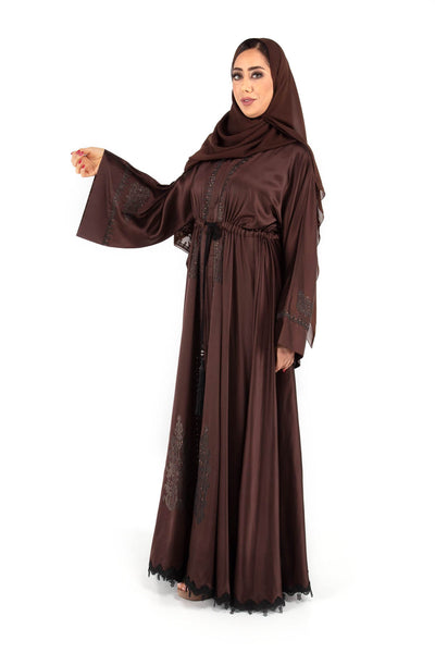 Brown Silk Satin Abaya/ Printed made by Hanayen-1