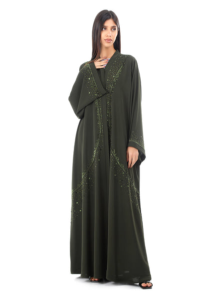 Hanayen Olive Abaya Embellished With Crystals