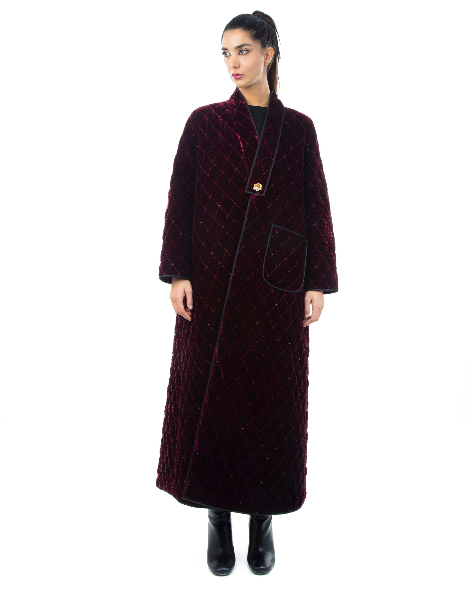 Hanayen Special Velvet Jacket Abaya in Maroon With Crystal