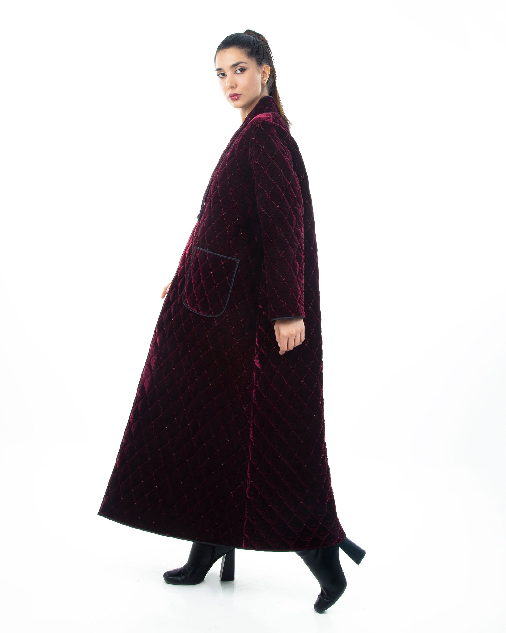 Hanayen Special Velvet Jacket Abaya in Maroon With Crystal