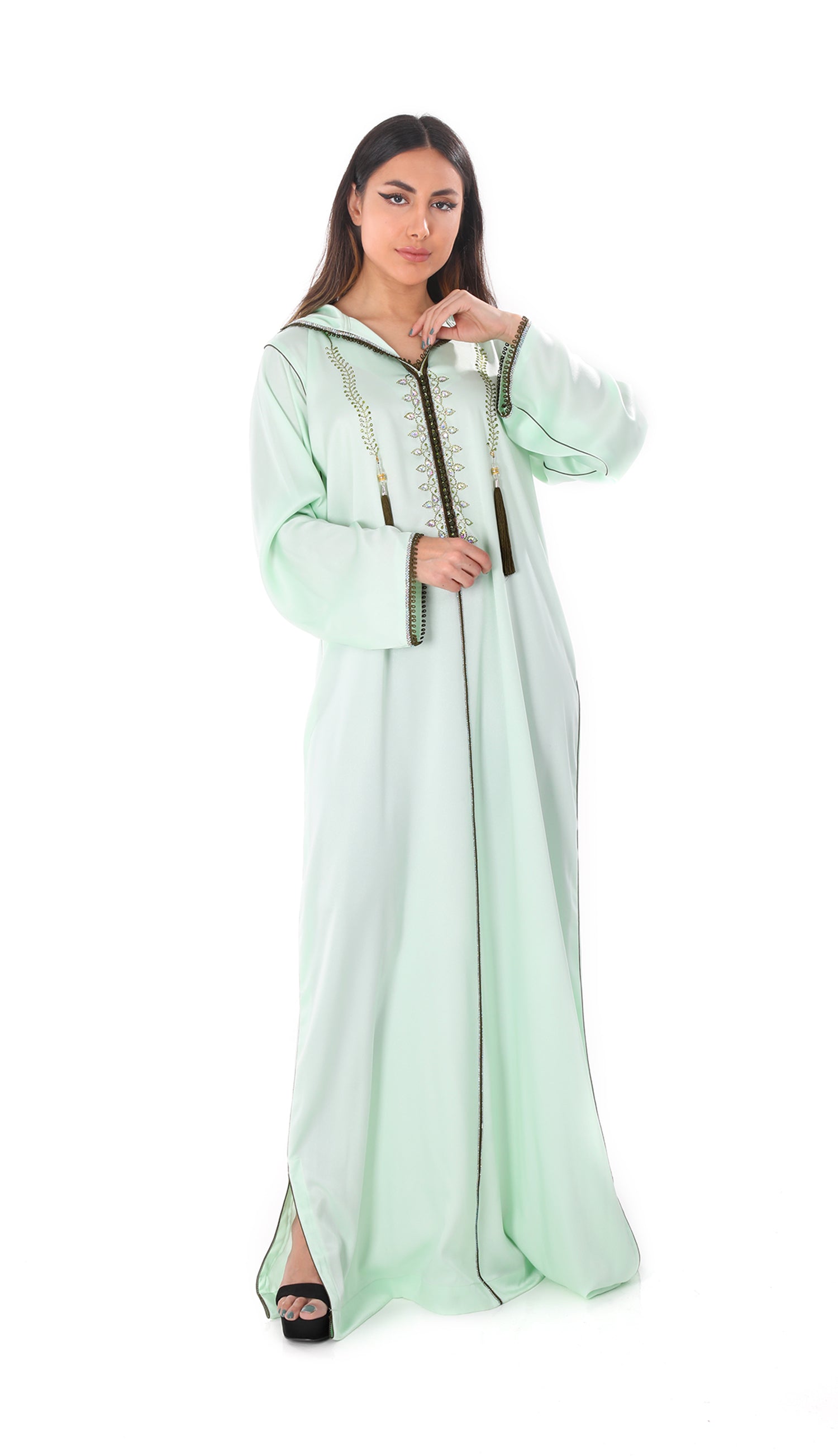 Stone Embellished Jalabiya Light Mint Color Stone Embellished Jalabiya Light Mint Color