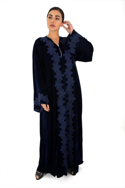 Hanayen Velvet Abaya with Lace Inserts and Crystal Details.